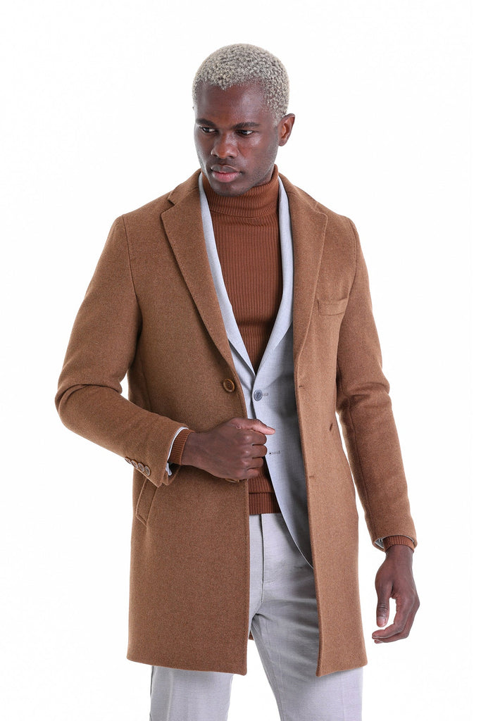 Slim Fit Cachet TBC Notch Lapel Wool Blend Tobacco Overcoat