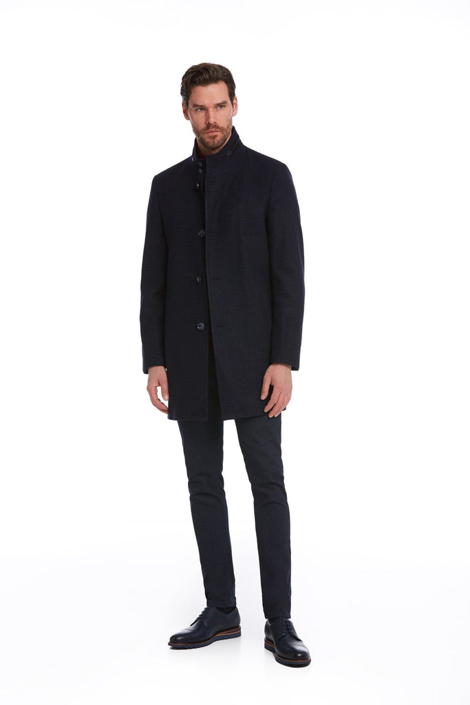 Slim Fit Cachet Terra Stand Collar Wool Blend Navy Overcoat