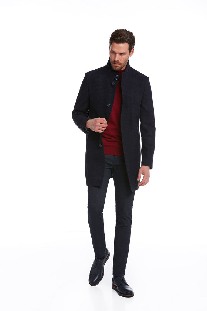 Slim Fit Cachet Terra Stand Collar Wool Blend Navy Overcoat