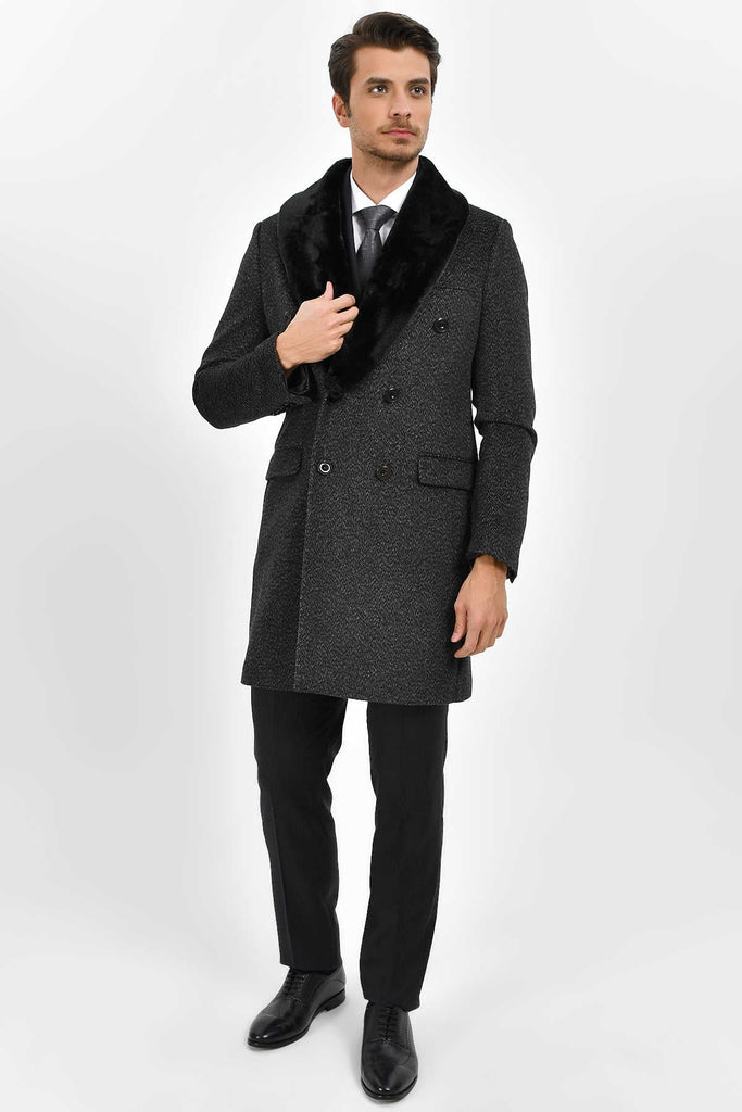 Slim Fit Cachet Wool Blend Navy Overcoat Charcoal D. - MIB