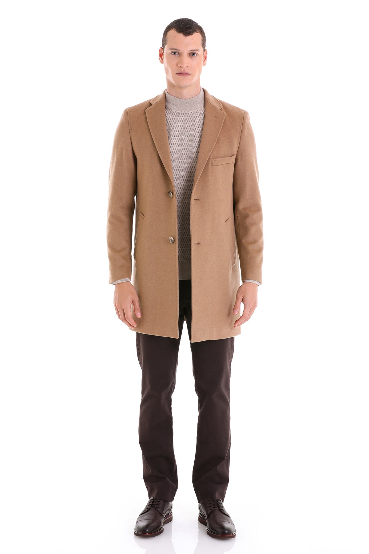 Slim Fit Chest Pocket Notch Lapel Camel Wool Blend Overcoat