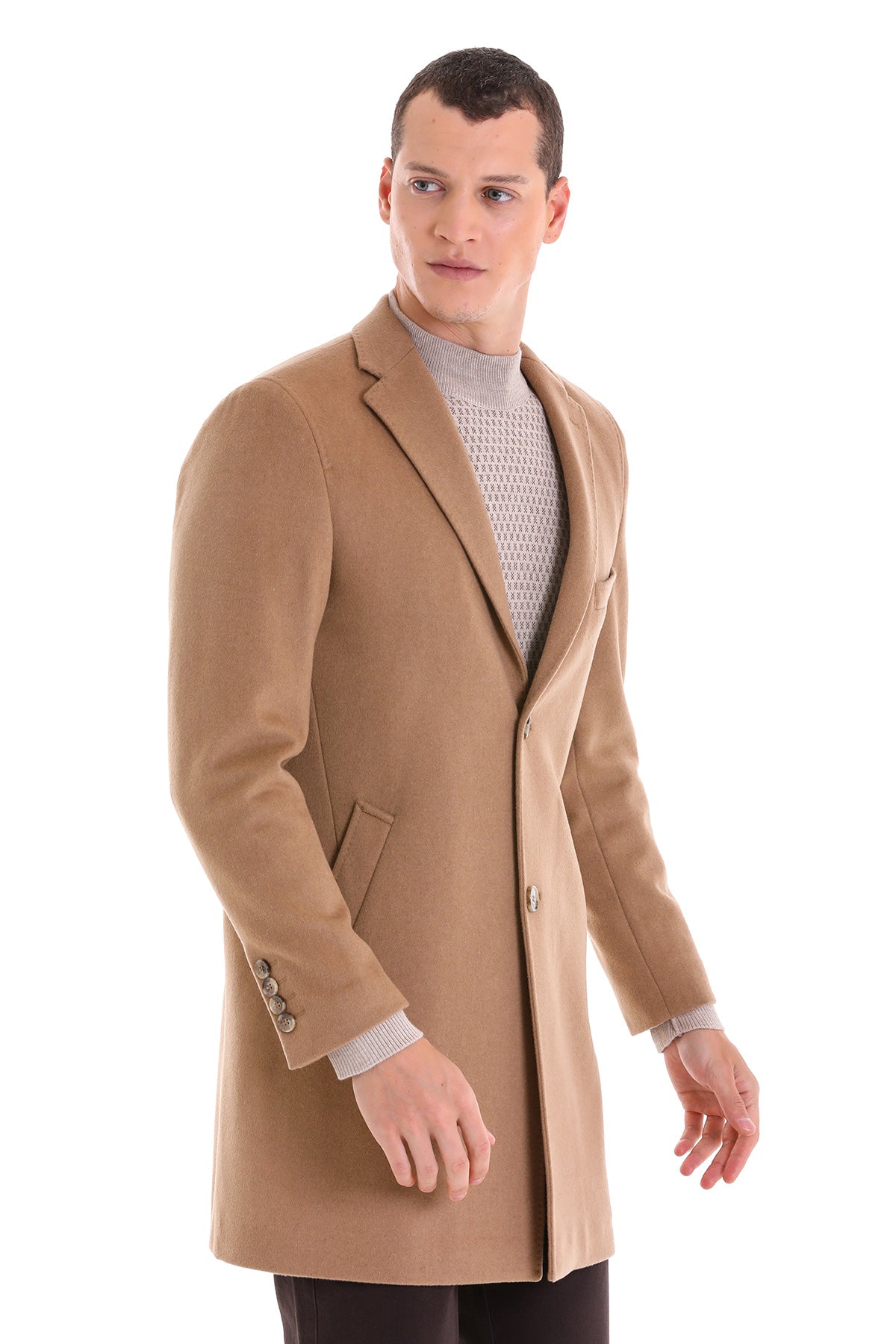 Slim Fit Chest Pocket Notch Lapel Camel Wool Blend Overcoat