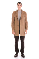 Slim Fit Chest Pocket Notch Lapel Camel Wool Blend Overcoat