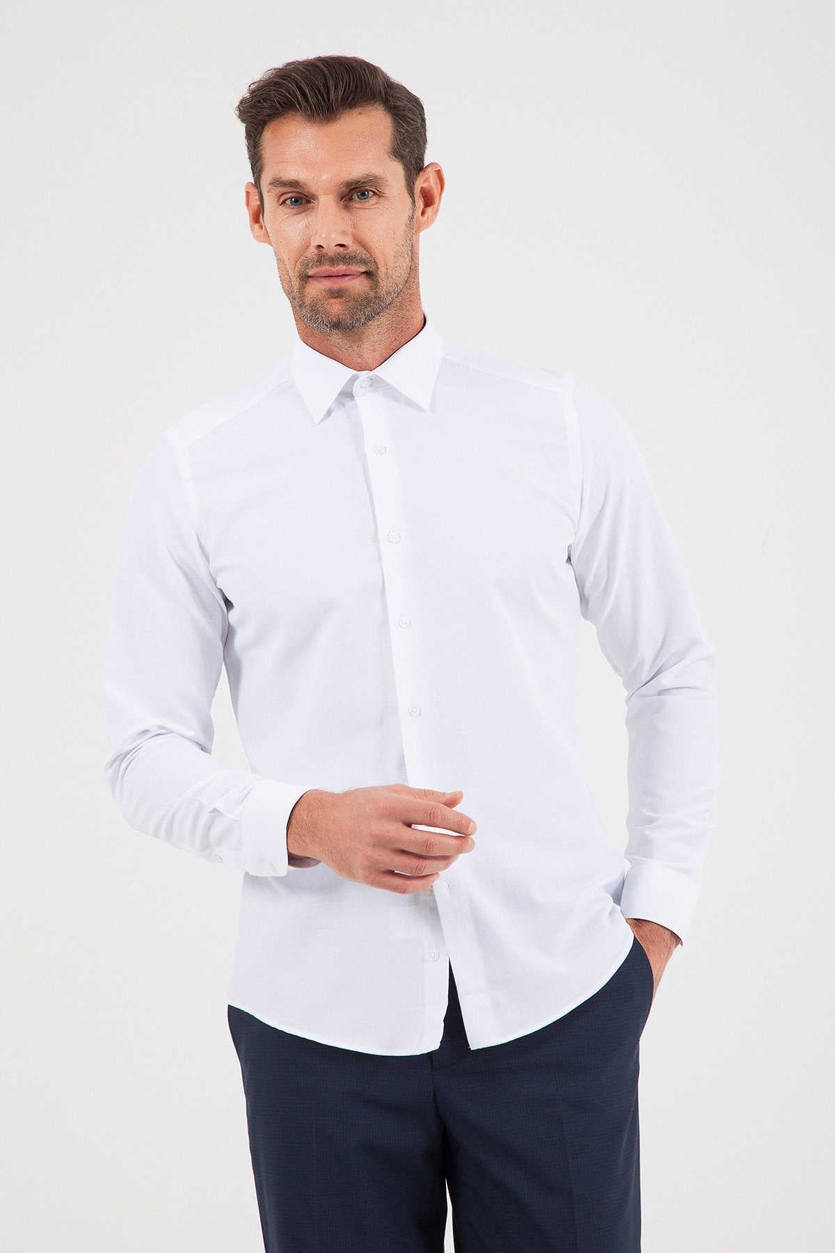 Slim Fit Cotton Blend White Dress Shirt - MIB