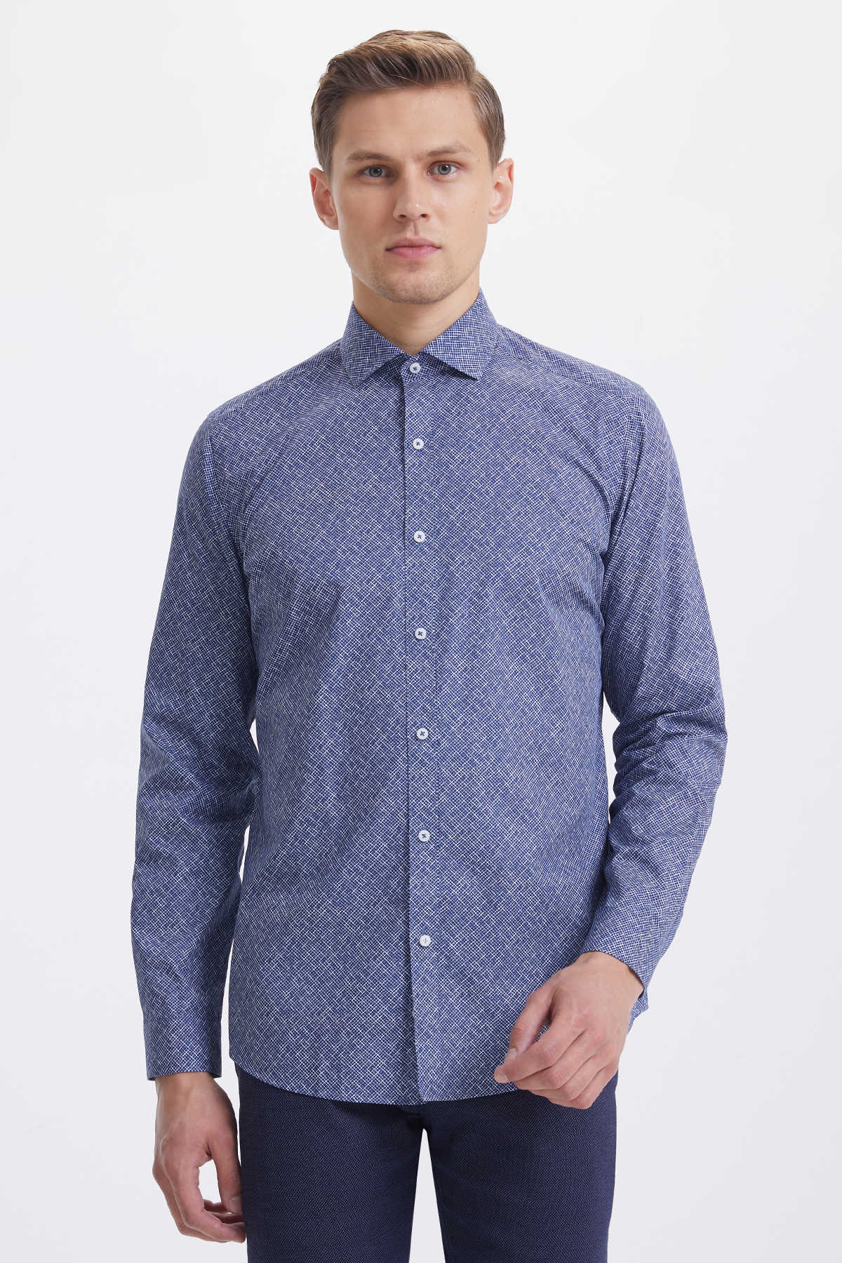 Slim Fit Cotton Diagonal Grid Navy Casual Shirt - MIB