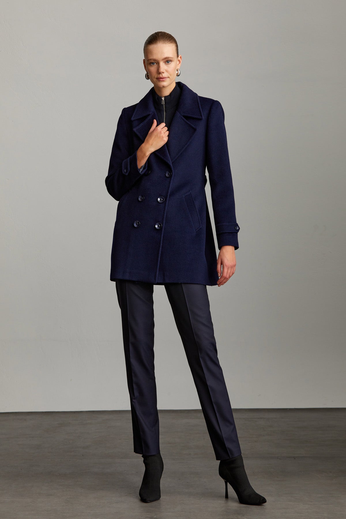 Slim Fit Daisy Notch Lapel Double-Breasted Belted Wool Coat