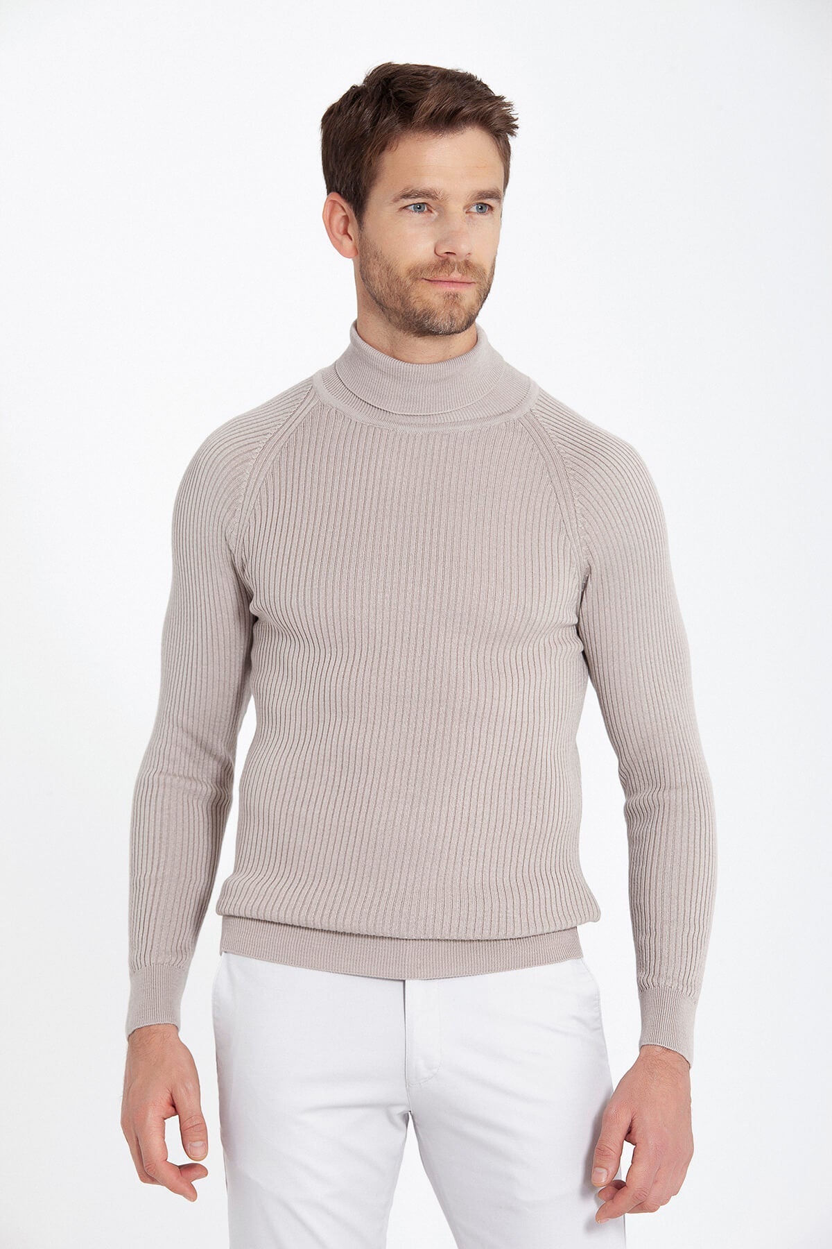 Slim Fit Dark Beige Turtleneck Sweater - SAYKI