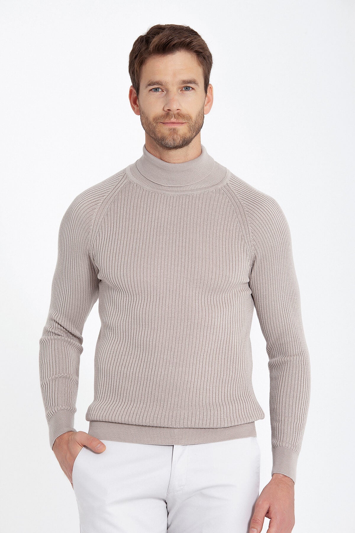 Slim Fit Dark Beige Turtleneck Sweater - SAYKI