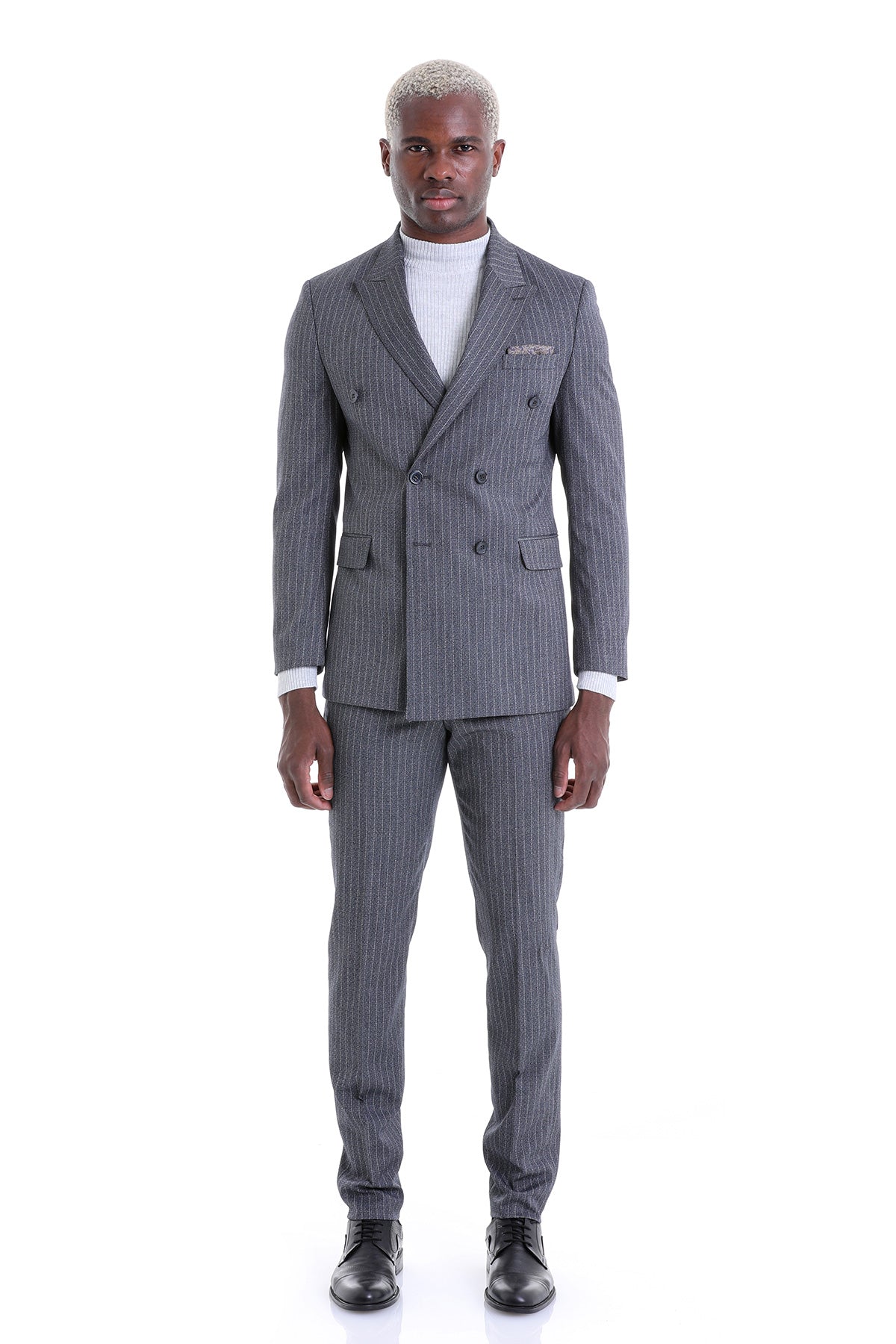 Slim Fit Double Breasted Black Striped Classic Suit - MIB