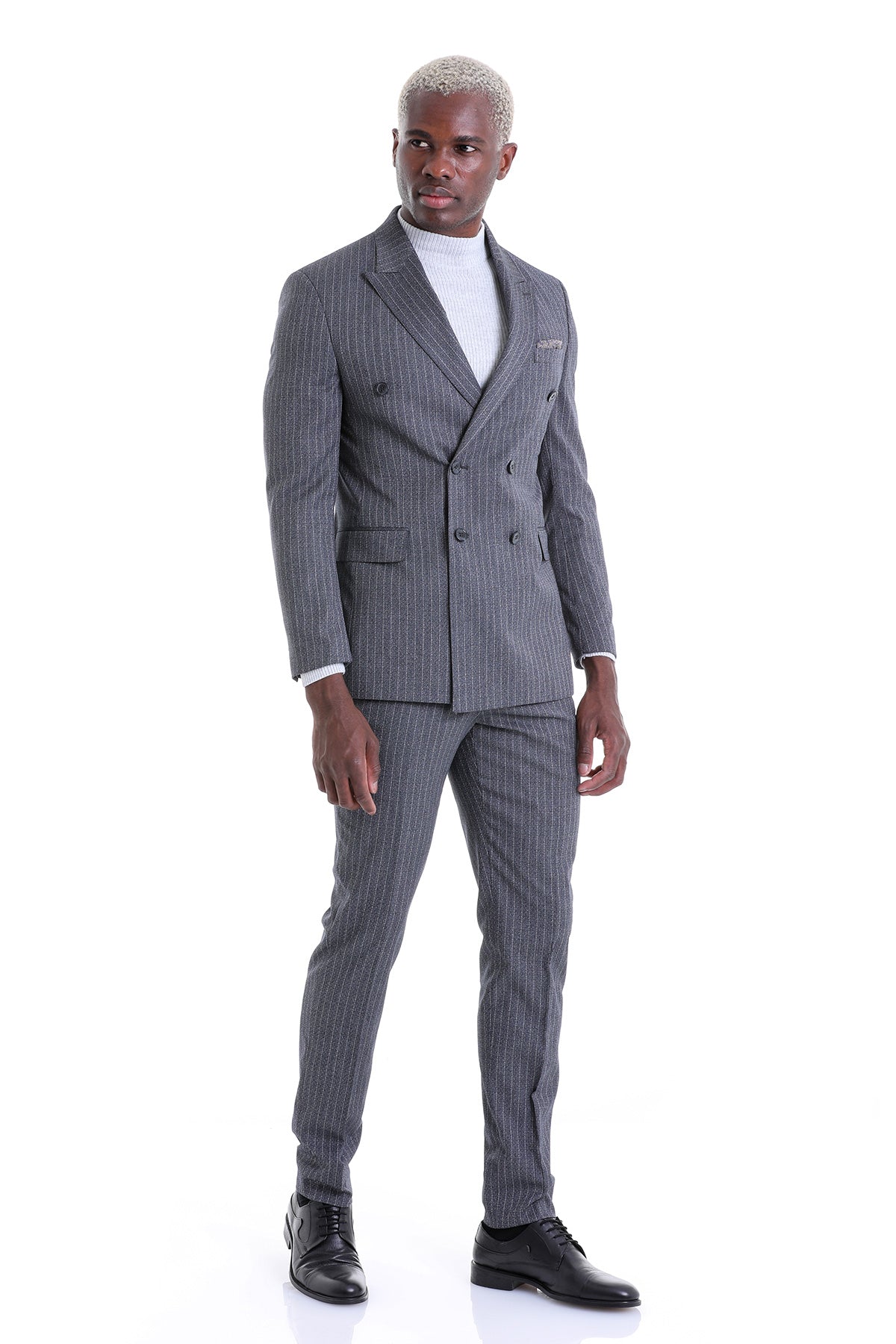 Slim Fit Double Breasted Black Striped Classic Suit - MIB