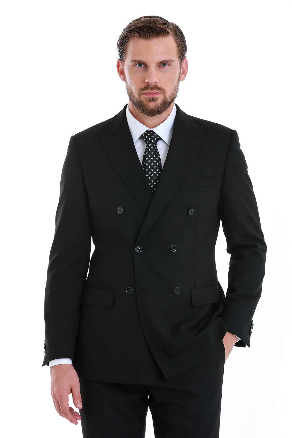 Slim Fit Double Breasted Black Wool Blend Classic Suit - MIB