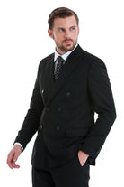 Slim Fit Double Breasted Black Wool Blend Classic Suit - MIB