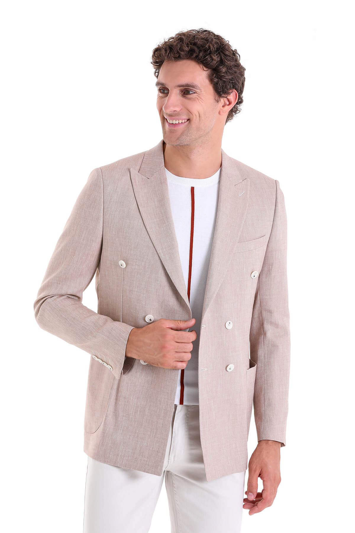 Slim Fit Double Breasted Brick Linen Casual Blazer - SAYKI