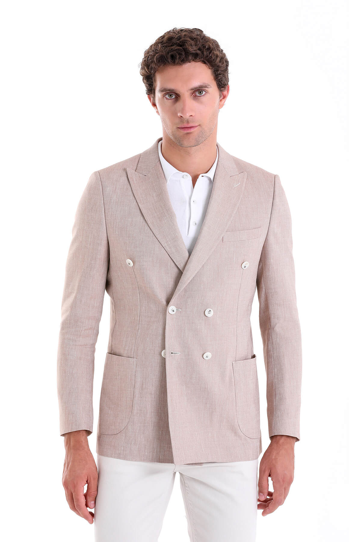 Slim Fit Double Breasted Brick Linen Casual Blazer - SAYKI