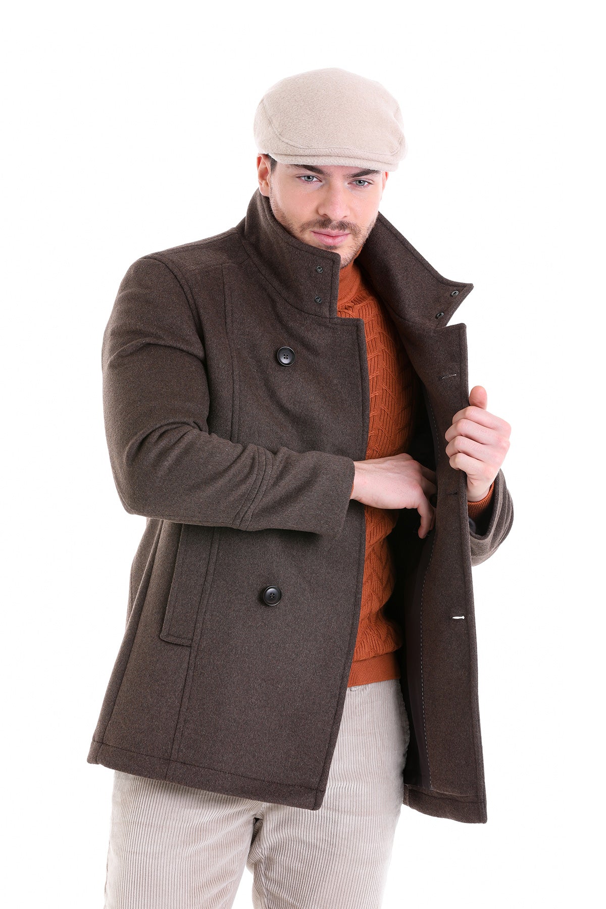 Slim Fit Double Breasted Brown Wool Blend Coat - SAYKI