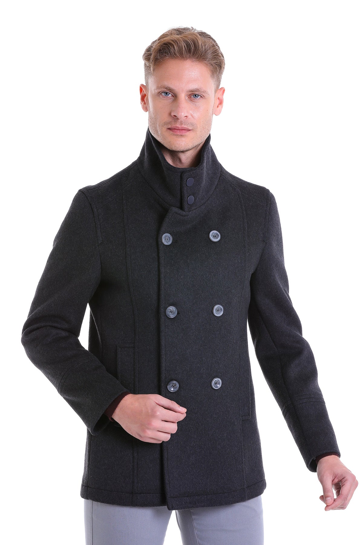 Slim Fit Double Breasted Charcoal Wool Blend Coat - SAYKI