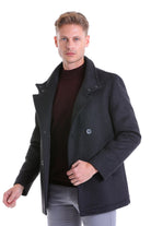 Slim Fit Double Breasted Charcoal Wool Blend Coat - SAYKI