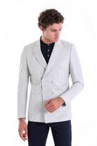 Slim Fit Double Breasted Gray Linen Casual Blazer - SAYKI