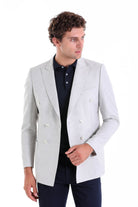 Slim Fit Double Breasted Gray Linen Casual Blazer - SAYKI