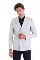 Slim Fit Double Breasted Gray Linen Casual Blazer - SAYKI