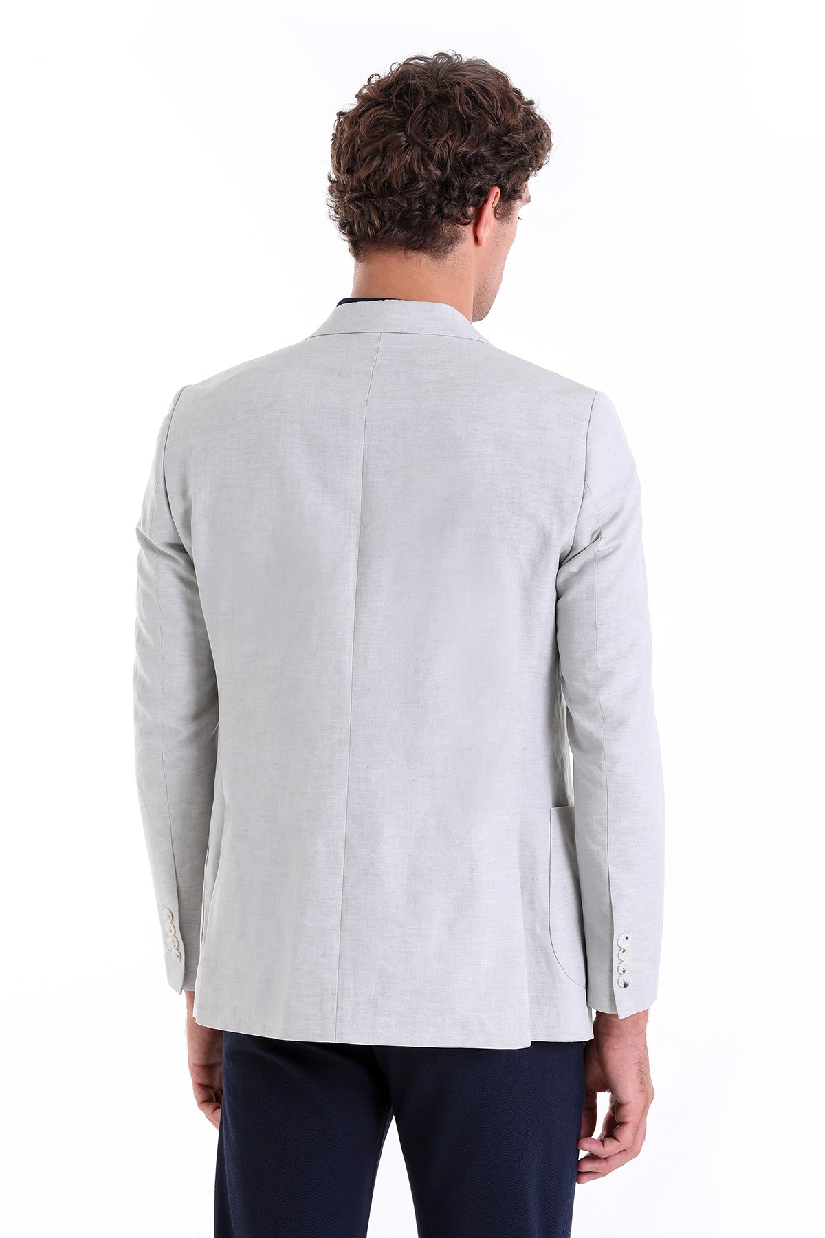 Slim Fit Double Breasted Gray Linen Casual Blazer - SAYKI