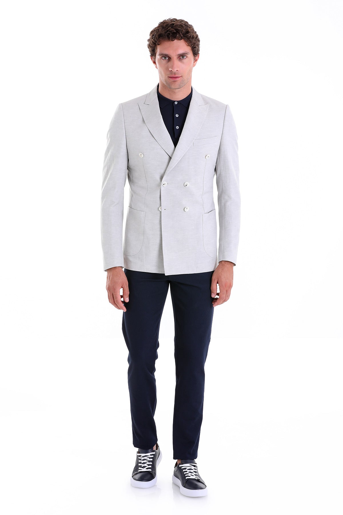 Slim Fit Double Breasted Gray Linen Casual Blazer - SAYKI