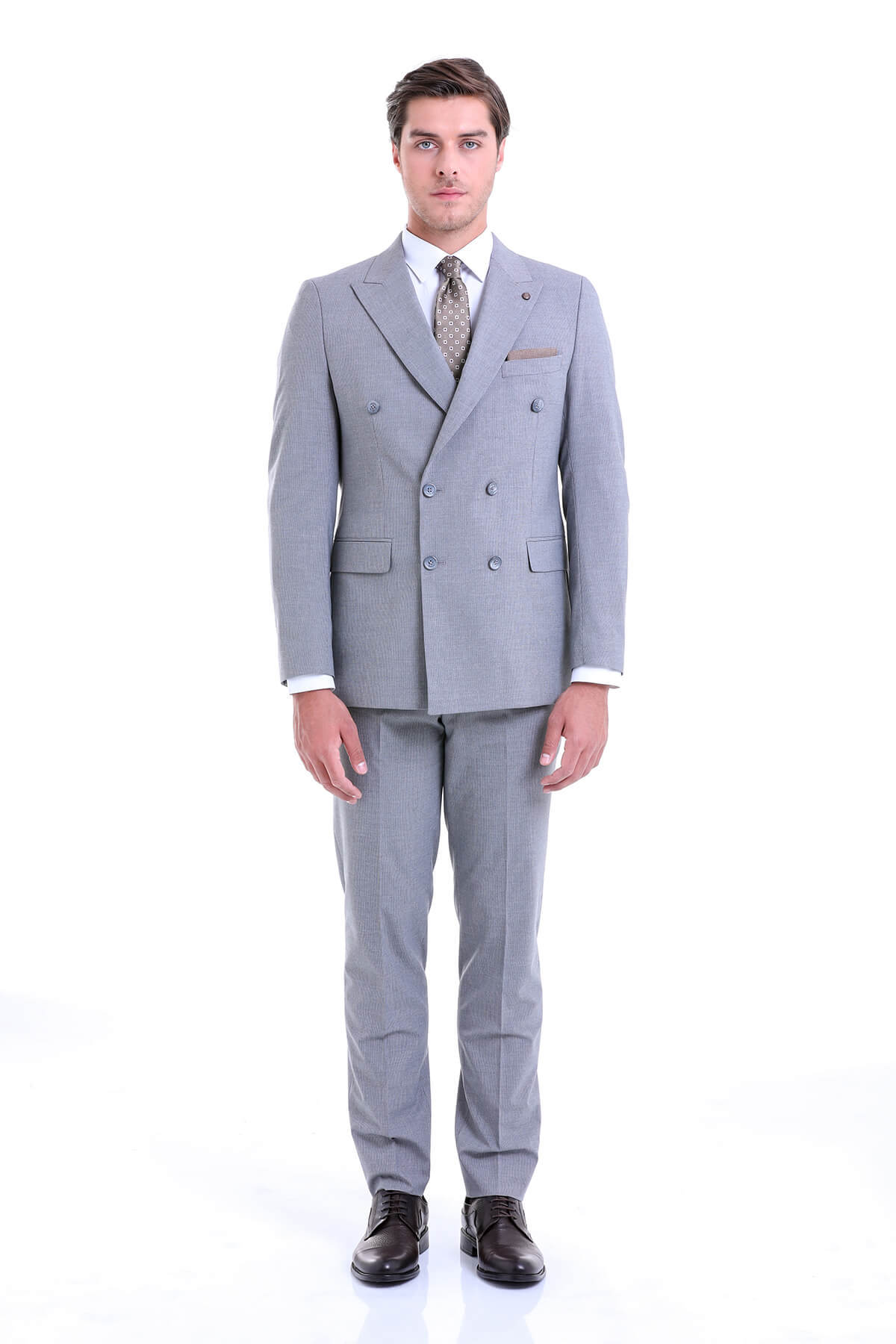 Slim Fit Double Breasted Gray Striped Casual Suit - MIB