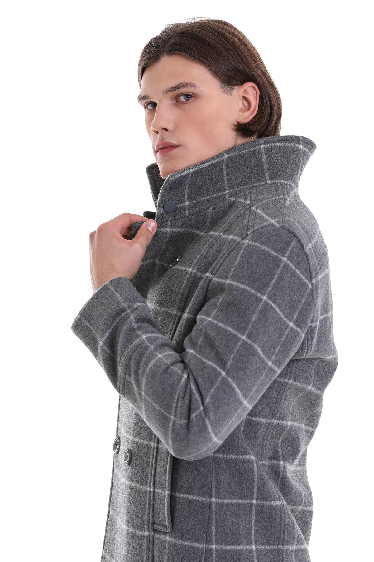 Slim Fit Double Breasted Gray Wool Blend Coat - SAYKI