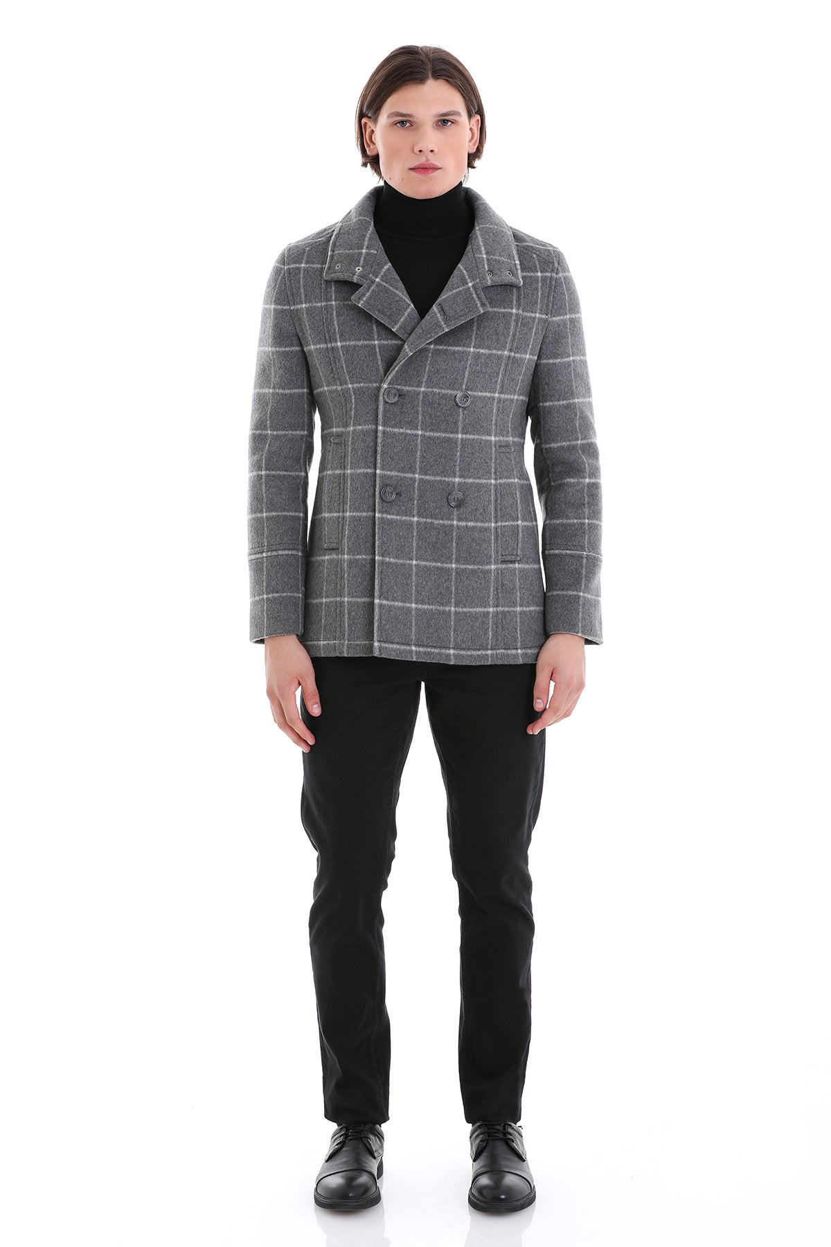 Slim Fit Double Breasted Gray Wool Blend Coat - SAYKI