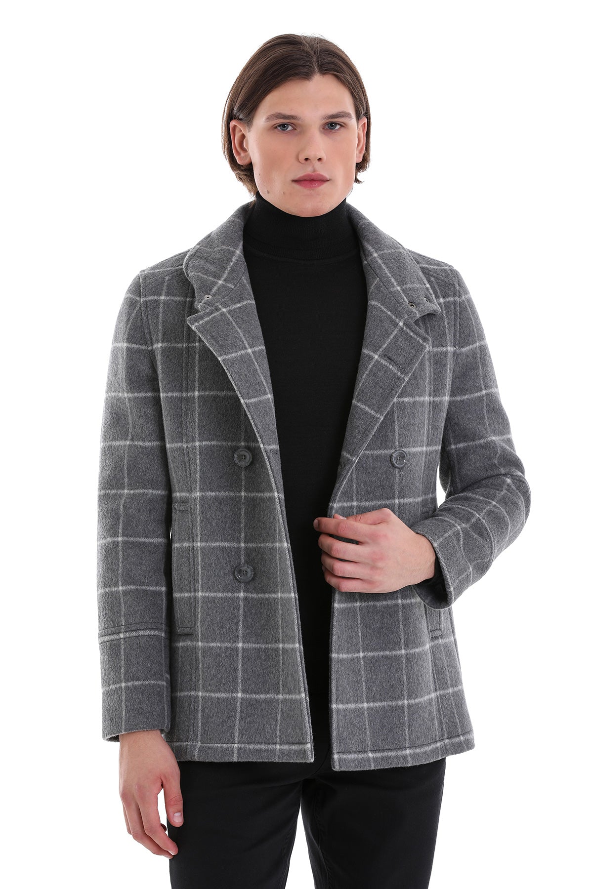 Slim Fit Double Breasted Gray Wool Blend Coat - SAYKI