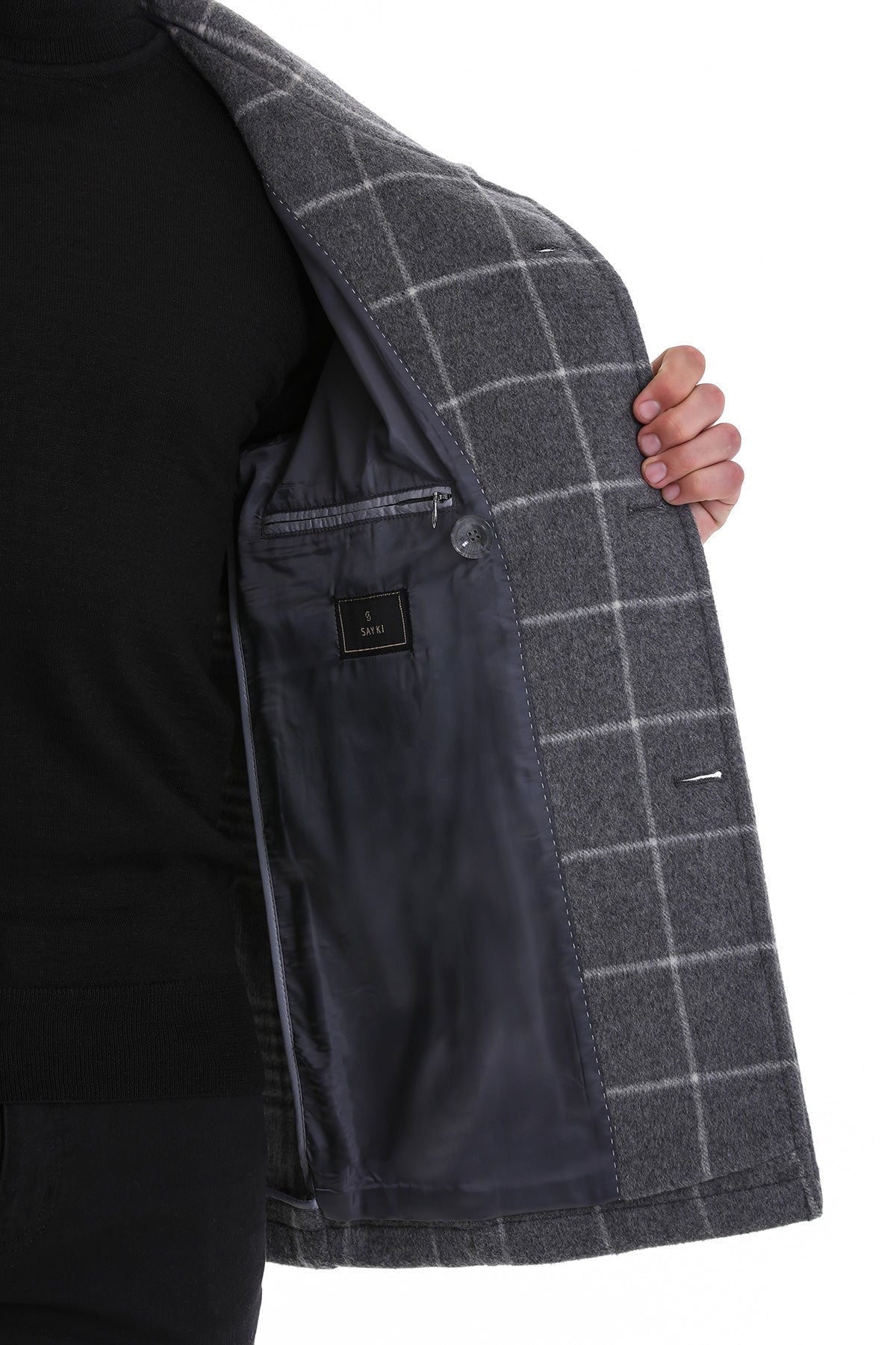 Slim Fit Double Breasted Gray Wool Blend Coat - SAYKI