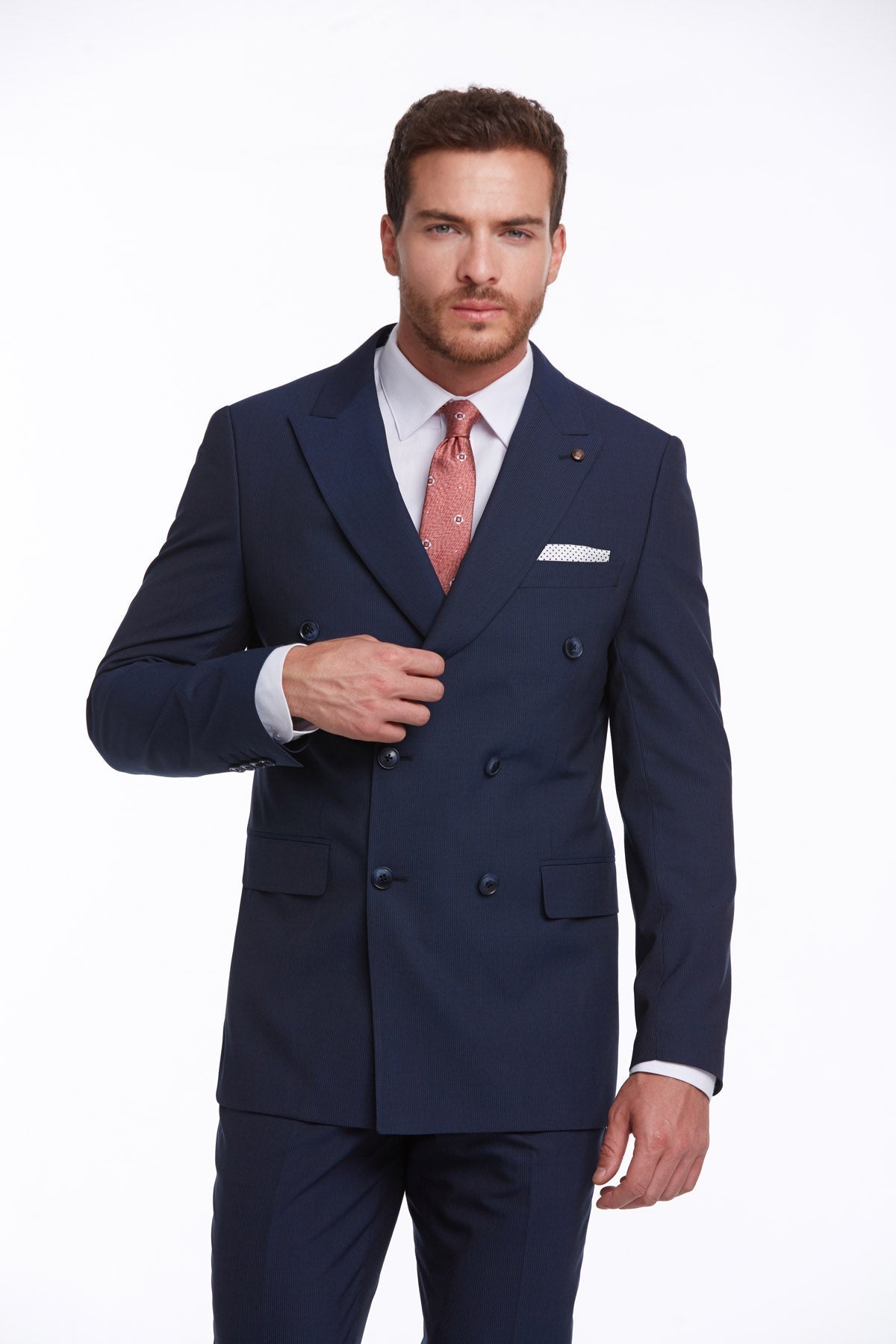 Slim Fit Double Breasted Hairline Stripe Navy Casual Suit