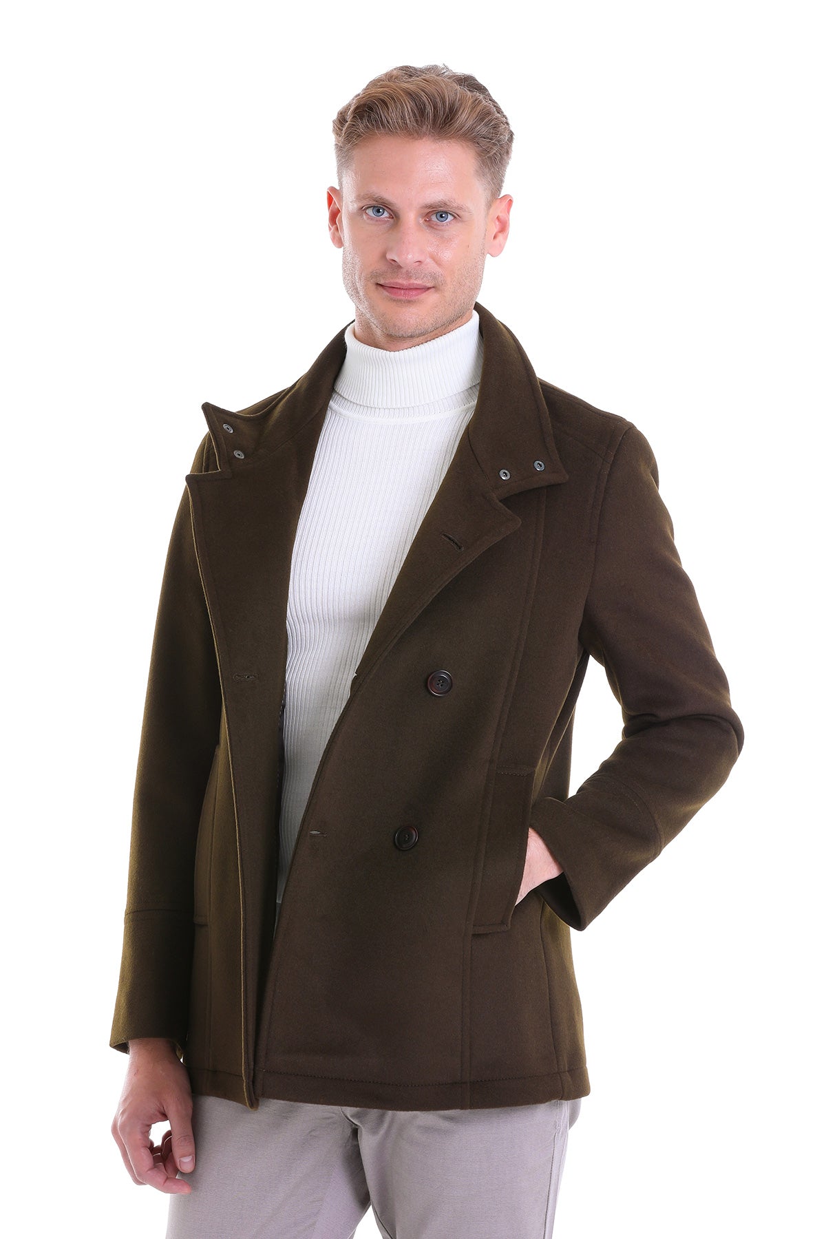 Slim Fit Double Breasted Khaki Wool Blend Coat - SAYKI