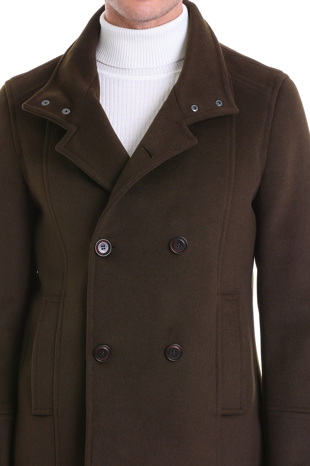 Slim Fit Double Breasted Khaki Wool Blend Coat - SAYKI