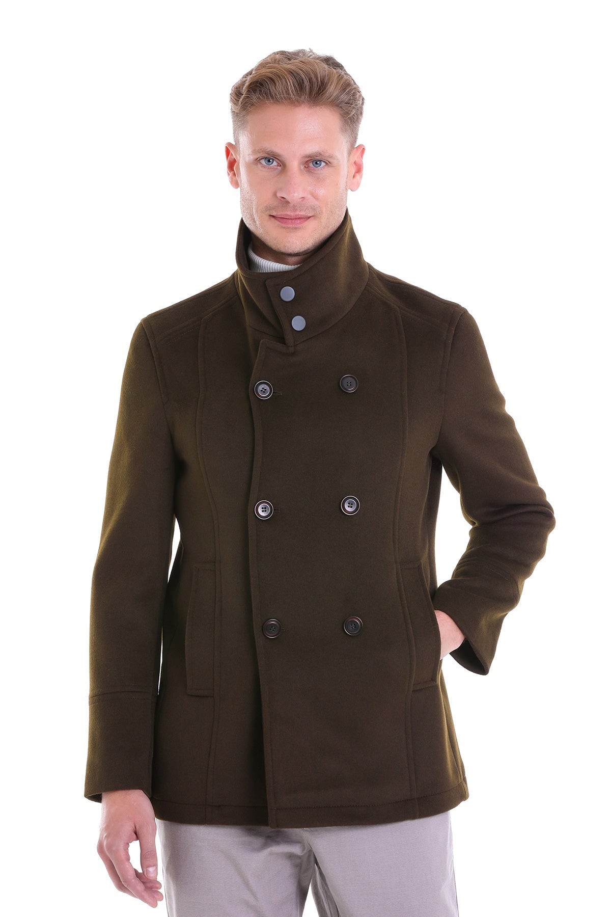 Slim Fit Double Breasted Khaki Wool Blend Coat - SAYKI