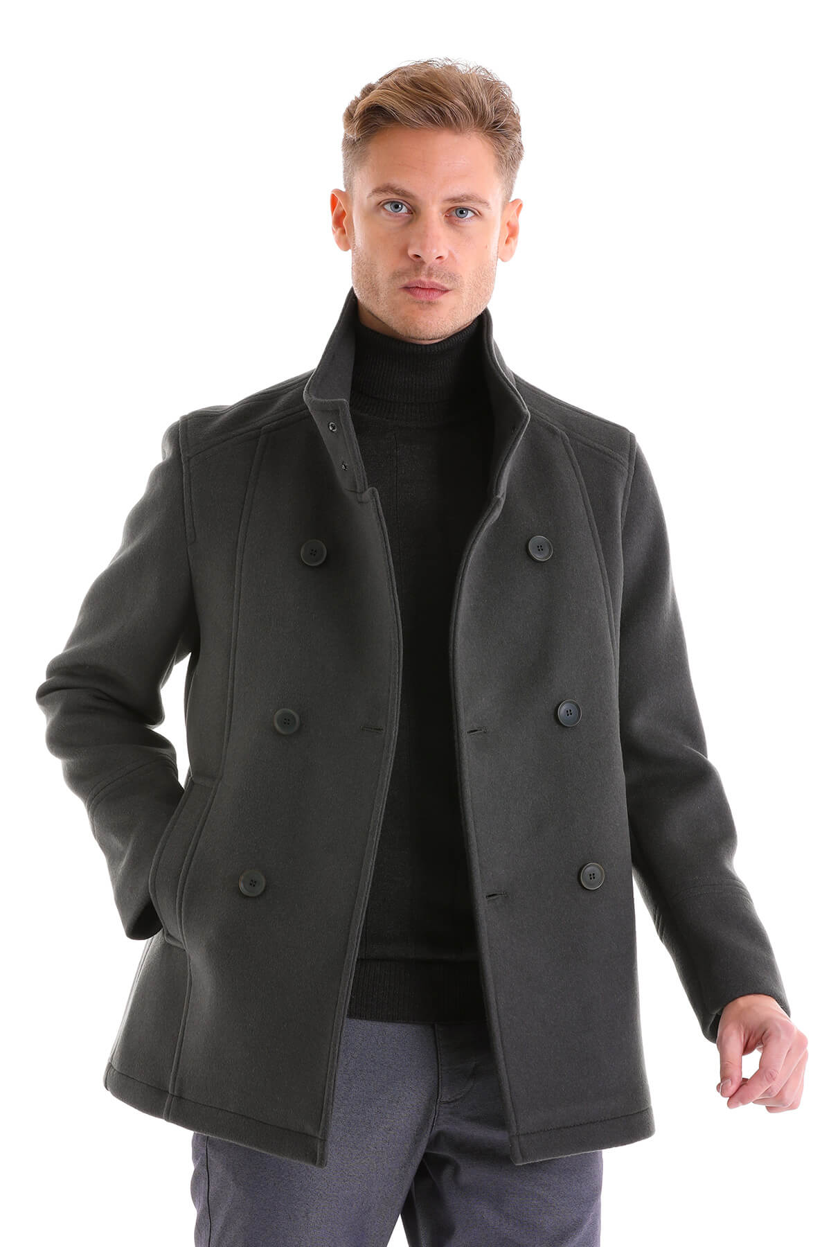 Slim Fit Double Breasted Light Gray Wool Blend Coat - SAYKI