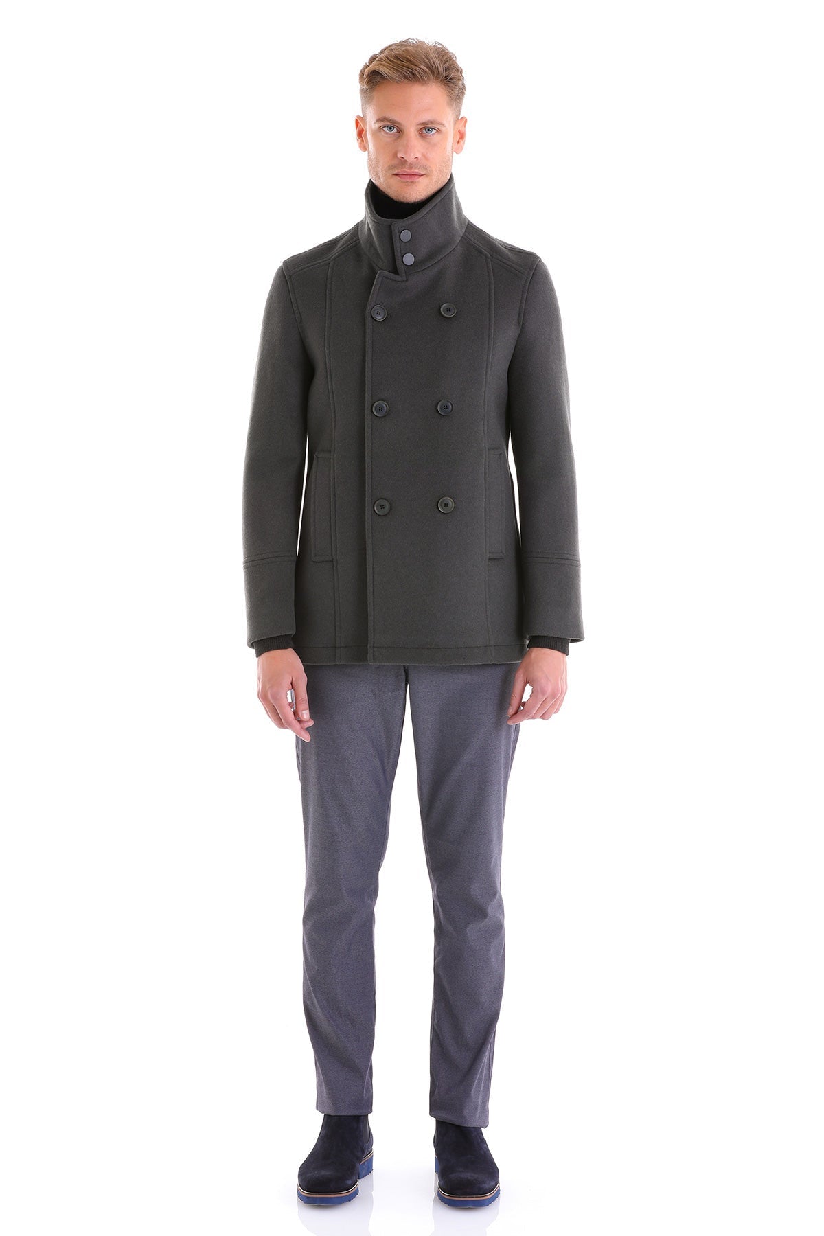 Slim Fit Double Breasted Light Gray Wool Blend Coat - SAYKI