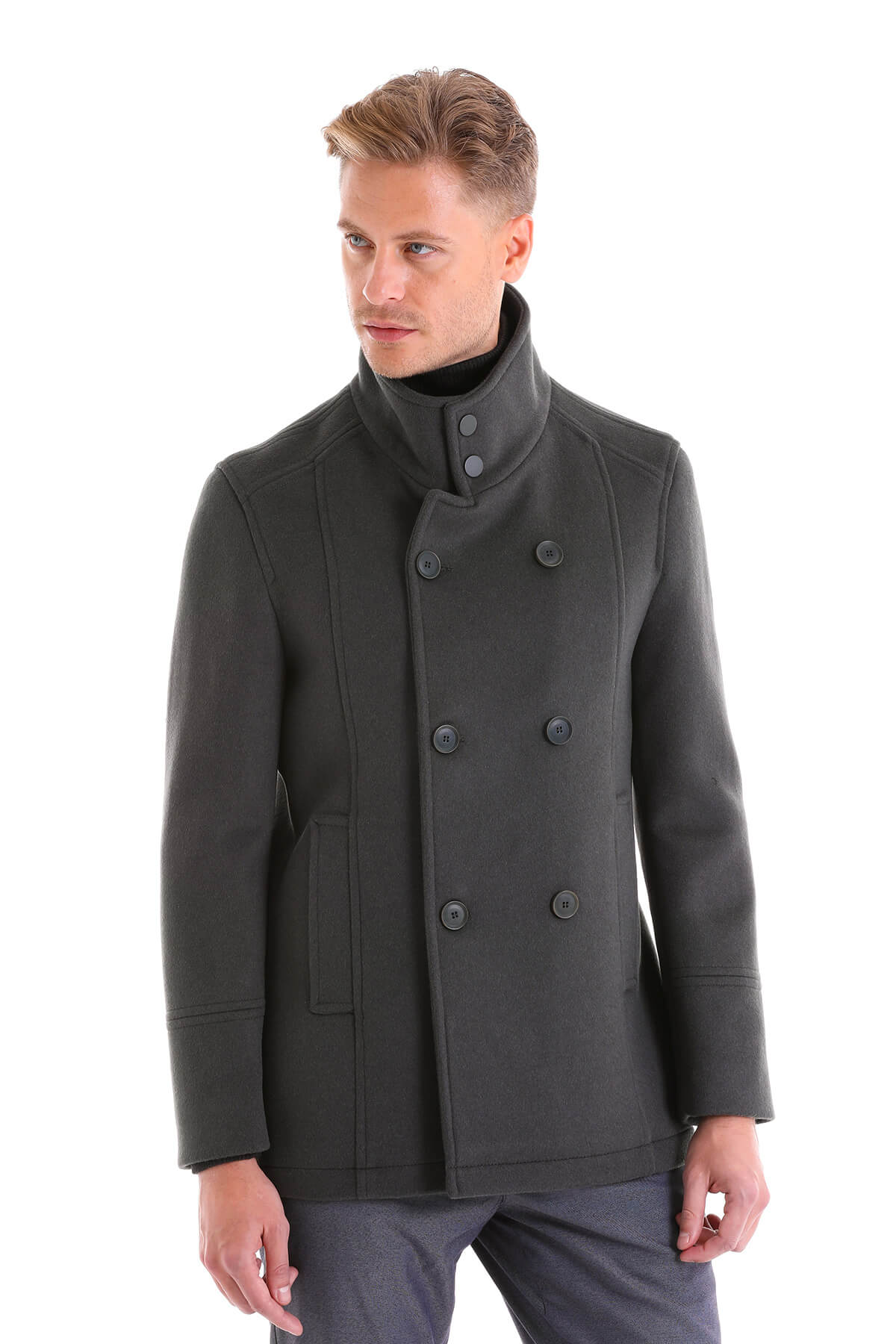 Slim Fit Double Breasted Light Gray Wool Blend Coat - SAYKI