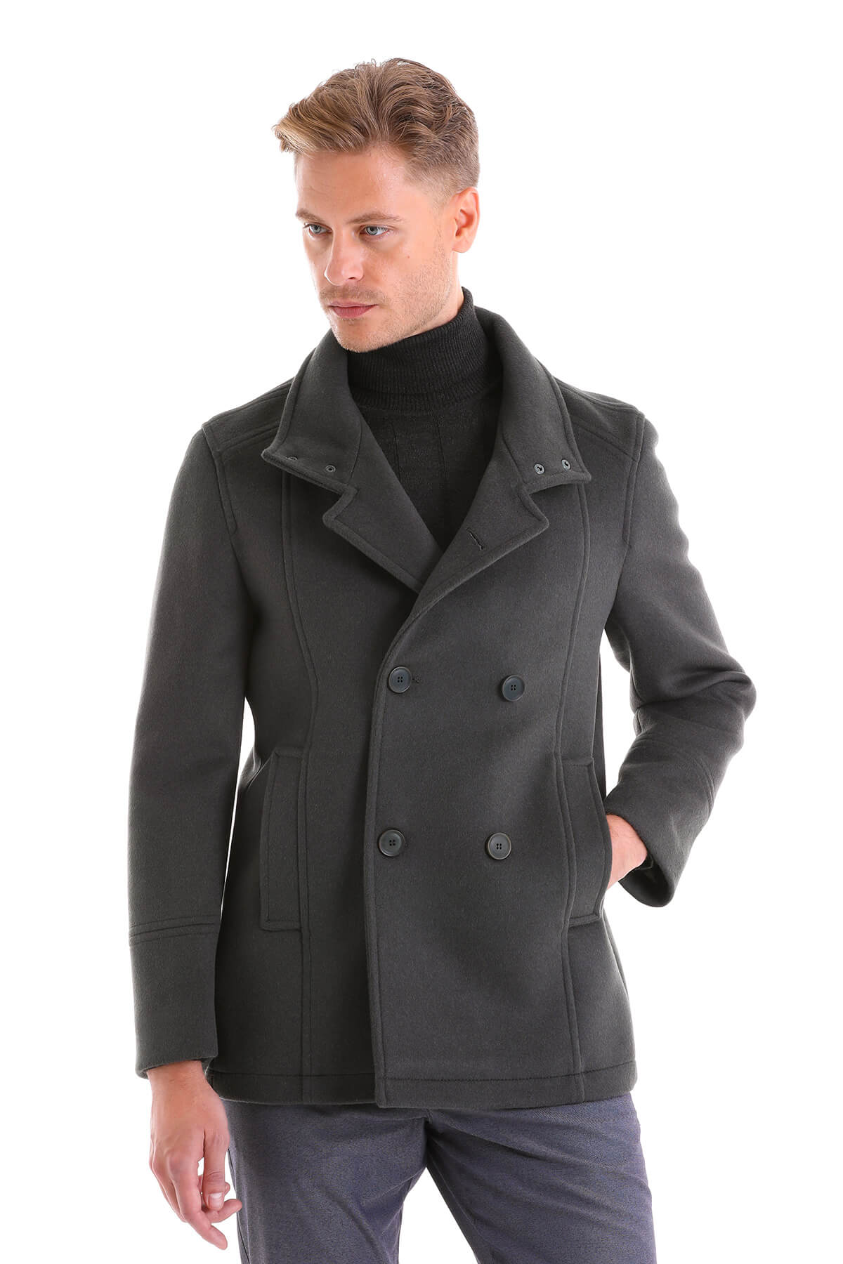 Slim Fit Double Breasted Light Gray Wool Blend Coat - SAYKI