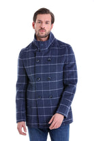 Slim Fit Double Breasted Light Navy Wool Blend Coat - SAYKI