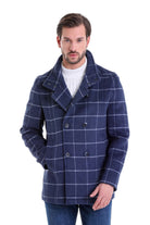 Slim Fit Double Breasted Light Navy Wool Blend Coat - SAYKI