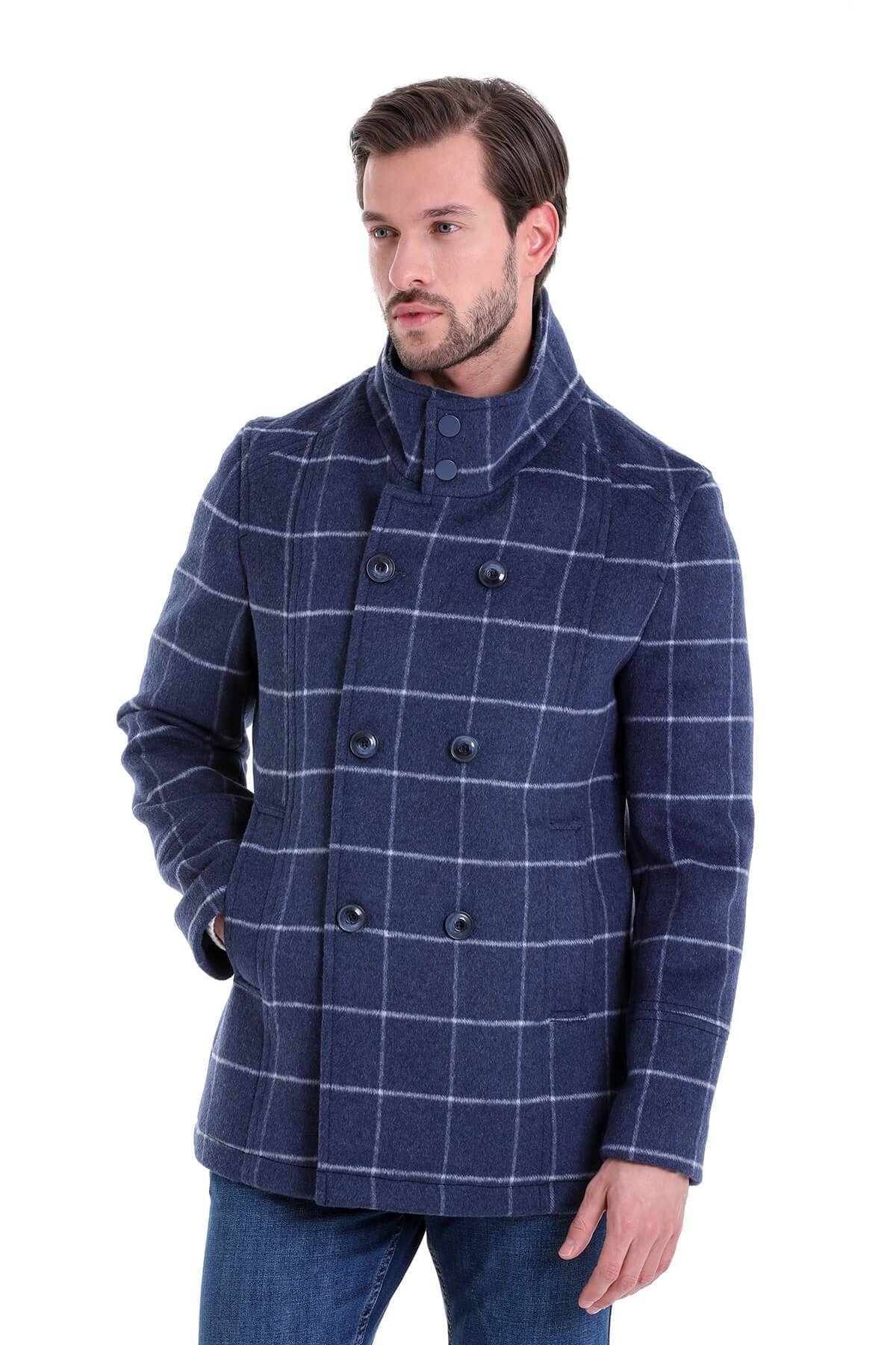 Slim Fit Double Breasted Light Navy Wool Blend Coat - SAYKI