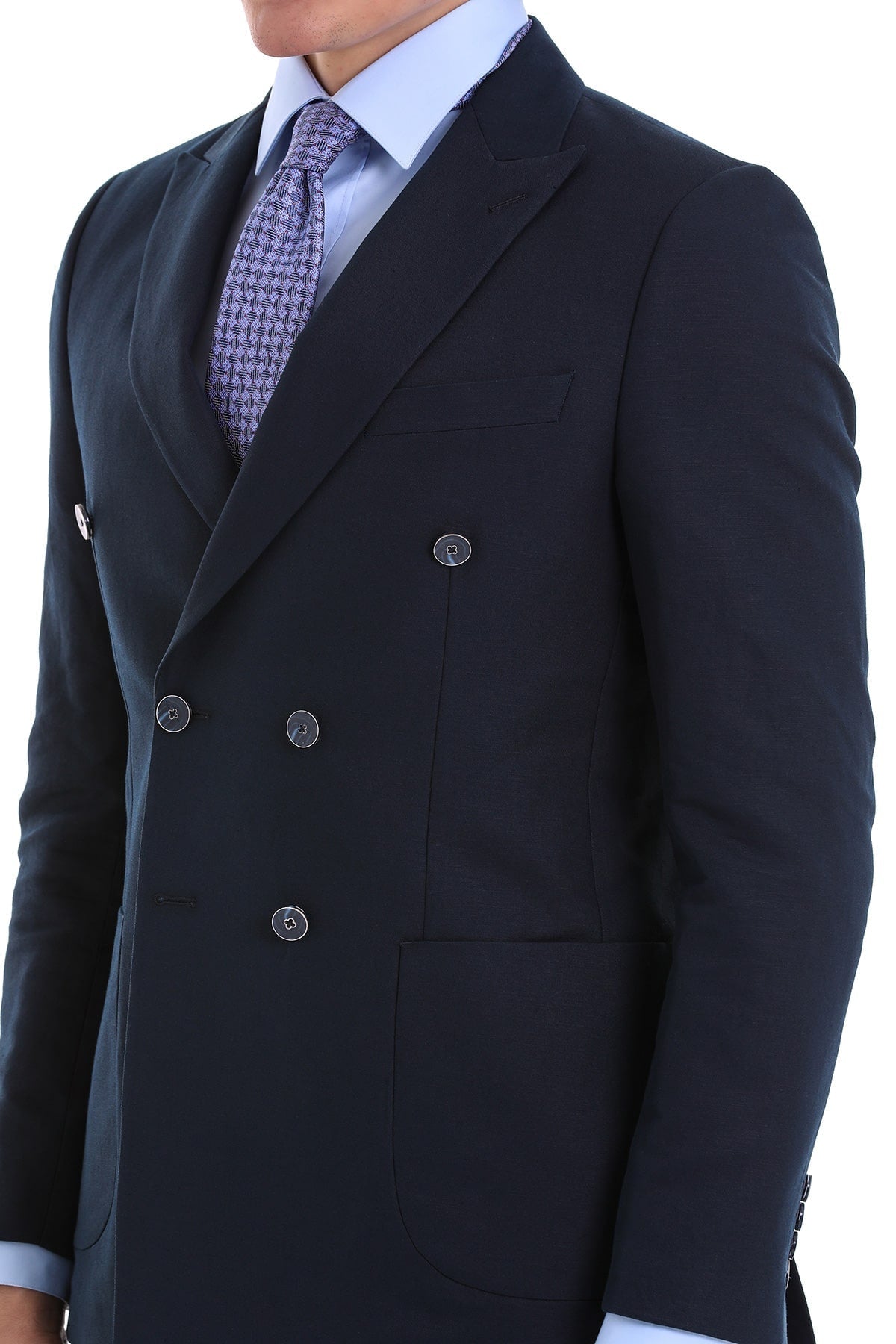 Slim Fit Double Breasted Navy Linen Casual Blazer - SAYKI