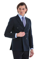 Slim Fit Double Breasted Navy Linen Casual Blazer - SAYKI