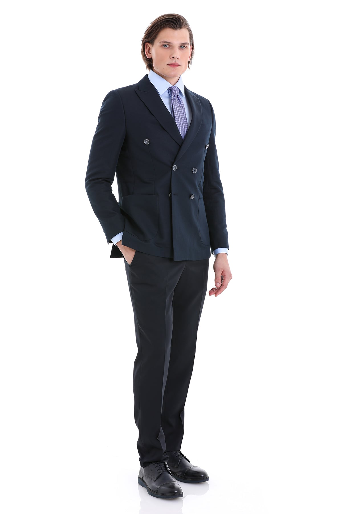 Slim Fit Double Breasted Navy Linen Casual Blazer - SAYKI