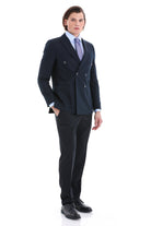 Slim Fit Double Breasted Navy Linen Casual Blazer - SAYKI