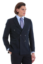 Slim Fit Double Breasted Navy Linen Casual Blazer - SAYKI