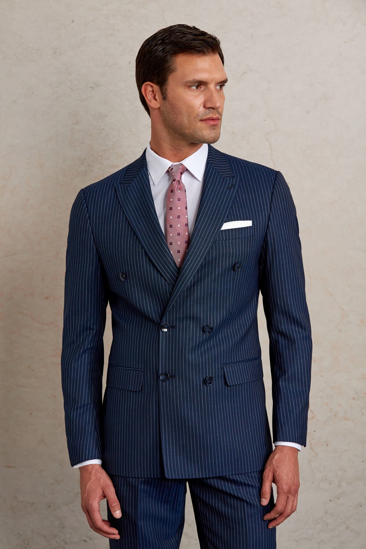 Slim Fit Double Breasted Navy Stripe Wool Blend Classic