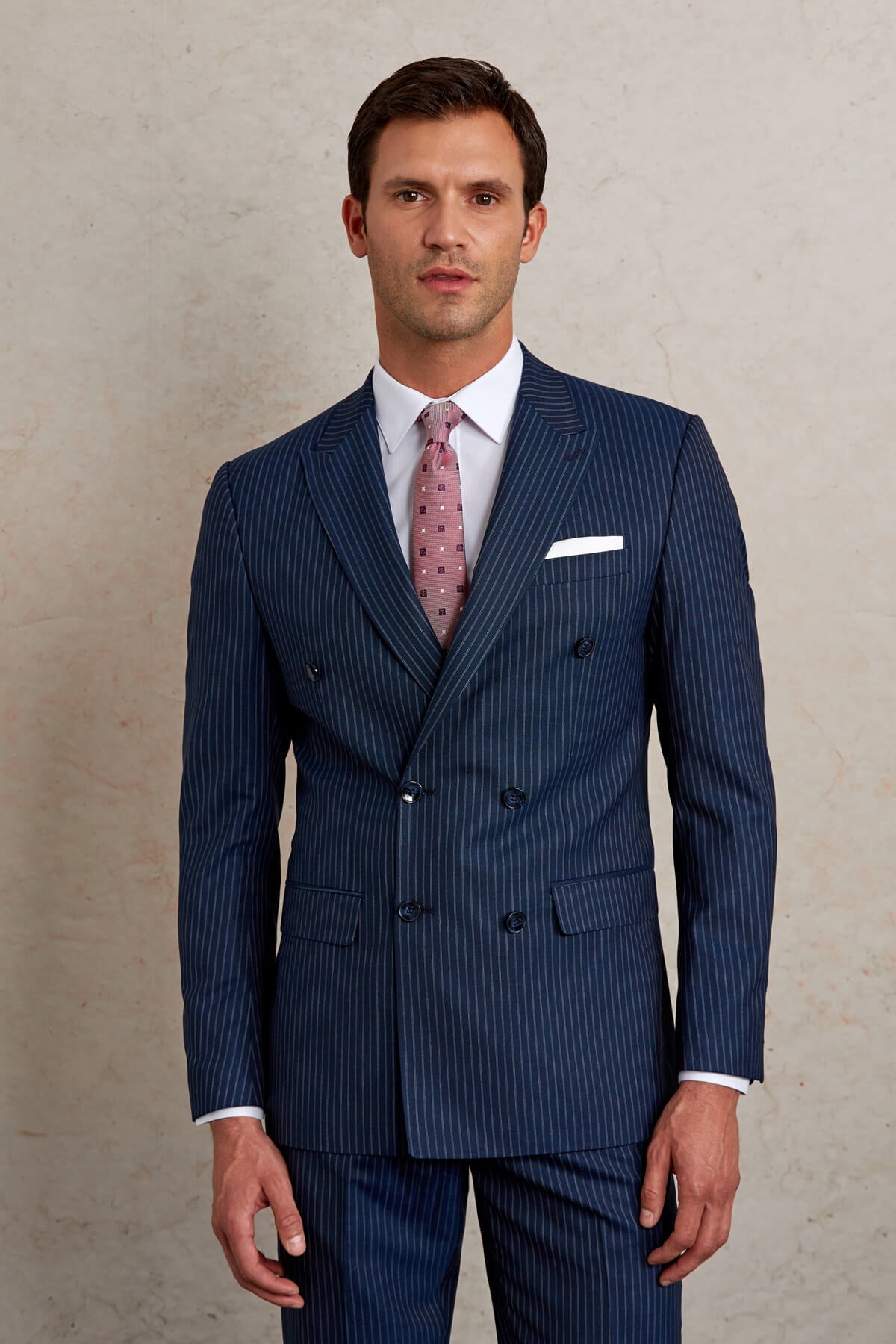 Slim Fit Double Breasted Navy Stripe Wool Blend Classic