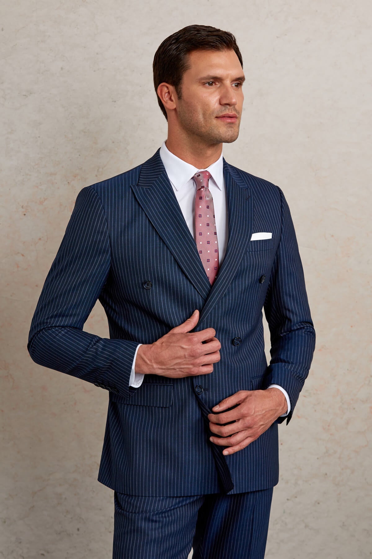 Slim Fit Double Breasted Navy Stripe Wool Blend Classic